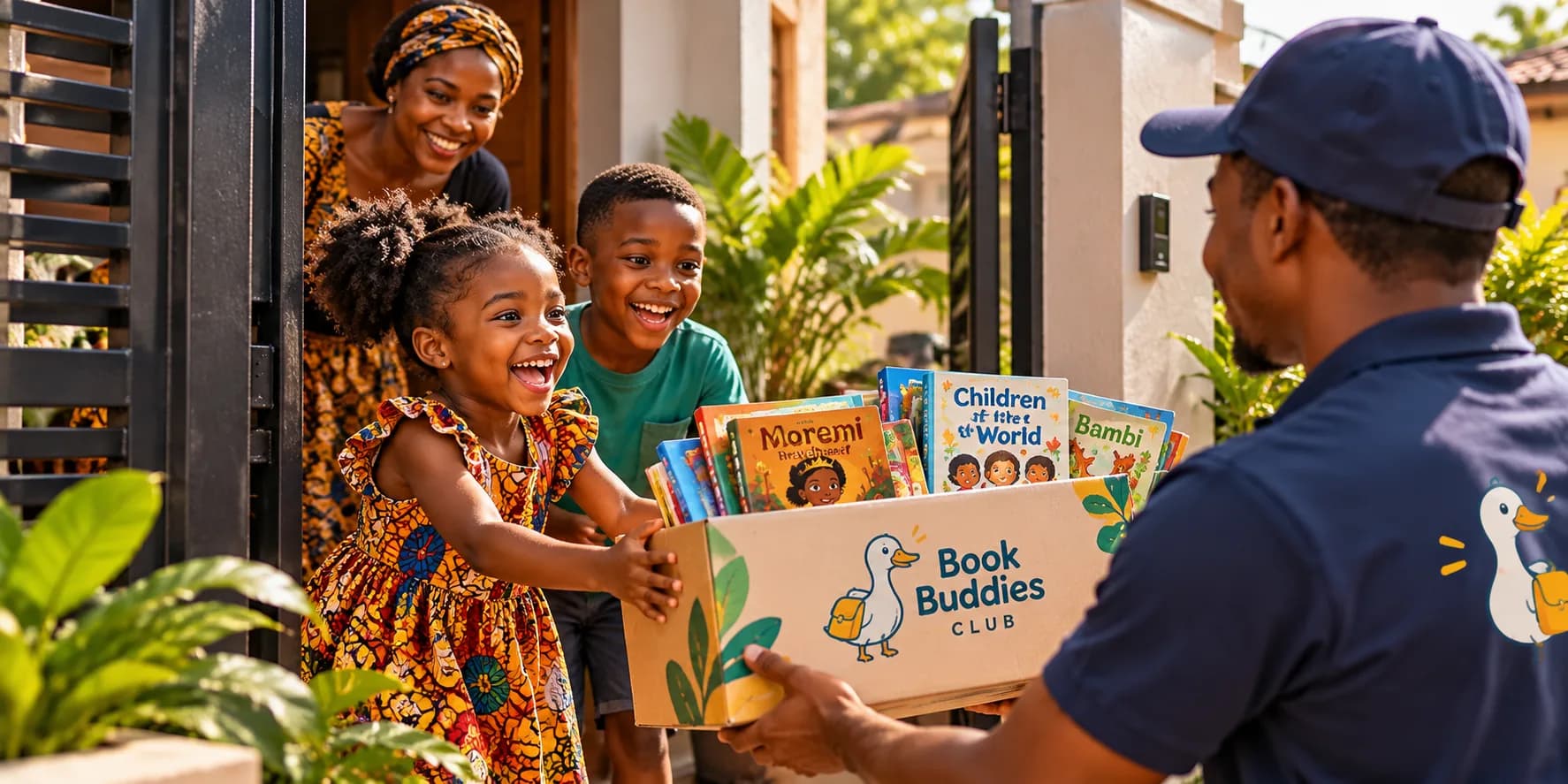 Two excited children reaching for a box of books being delivered to their gate